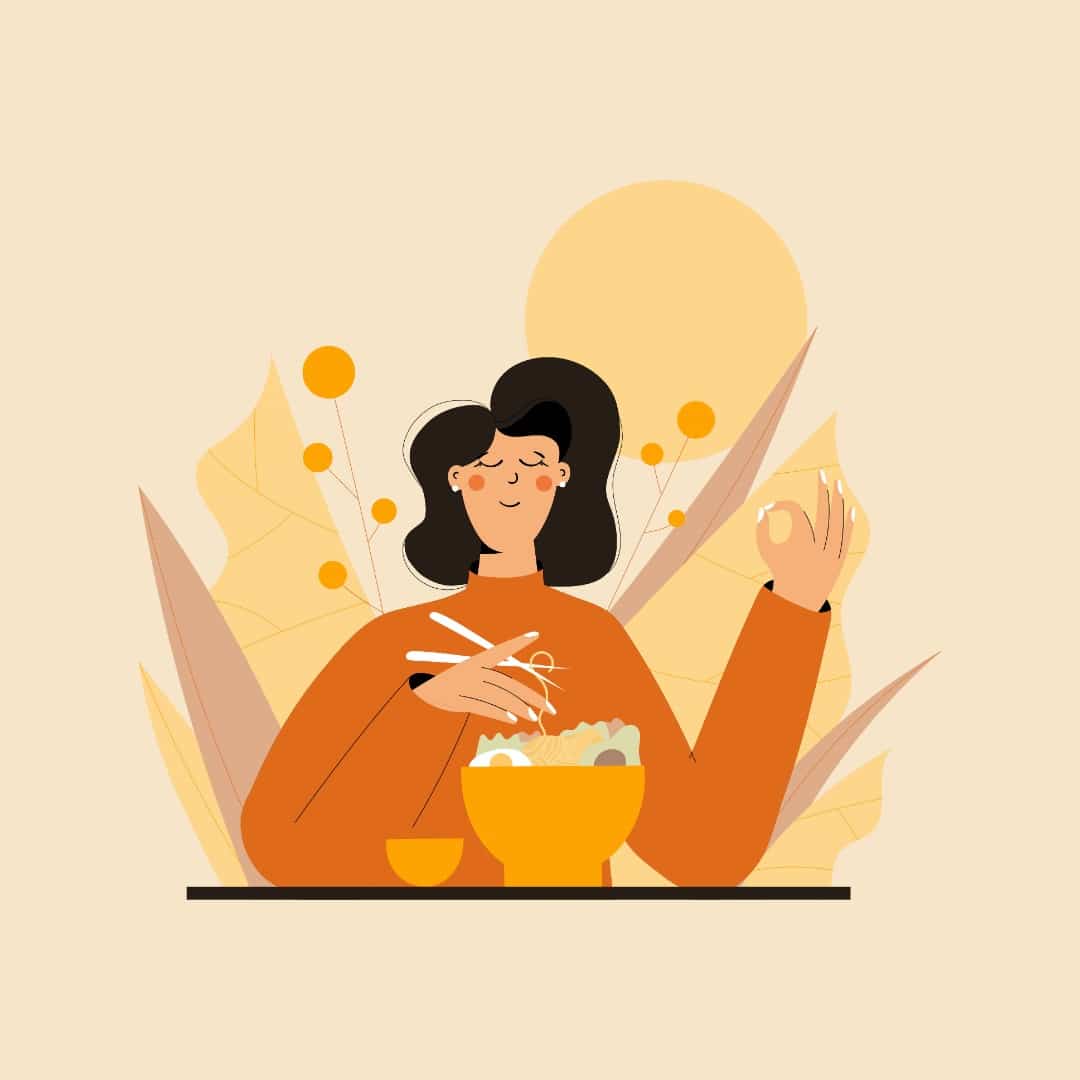 Illustrated woman eating a bowl of ramen mindfully.