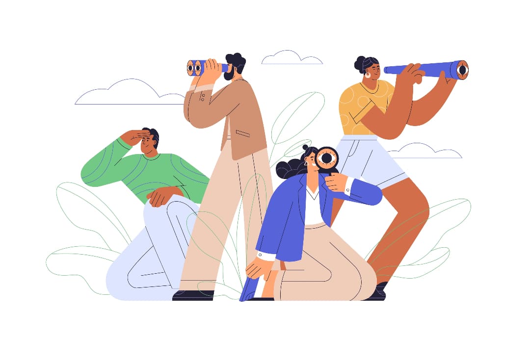 Illustration of two men and two women searching using telescopes, magnifying glasses, and binoculars.